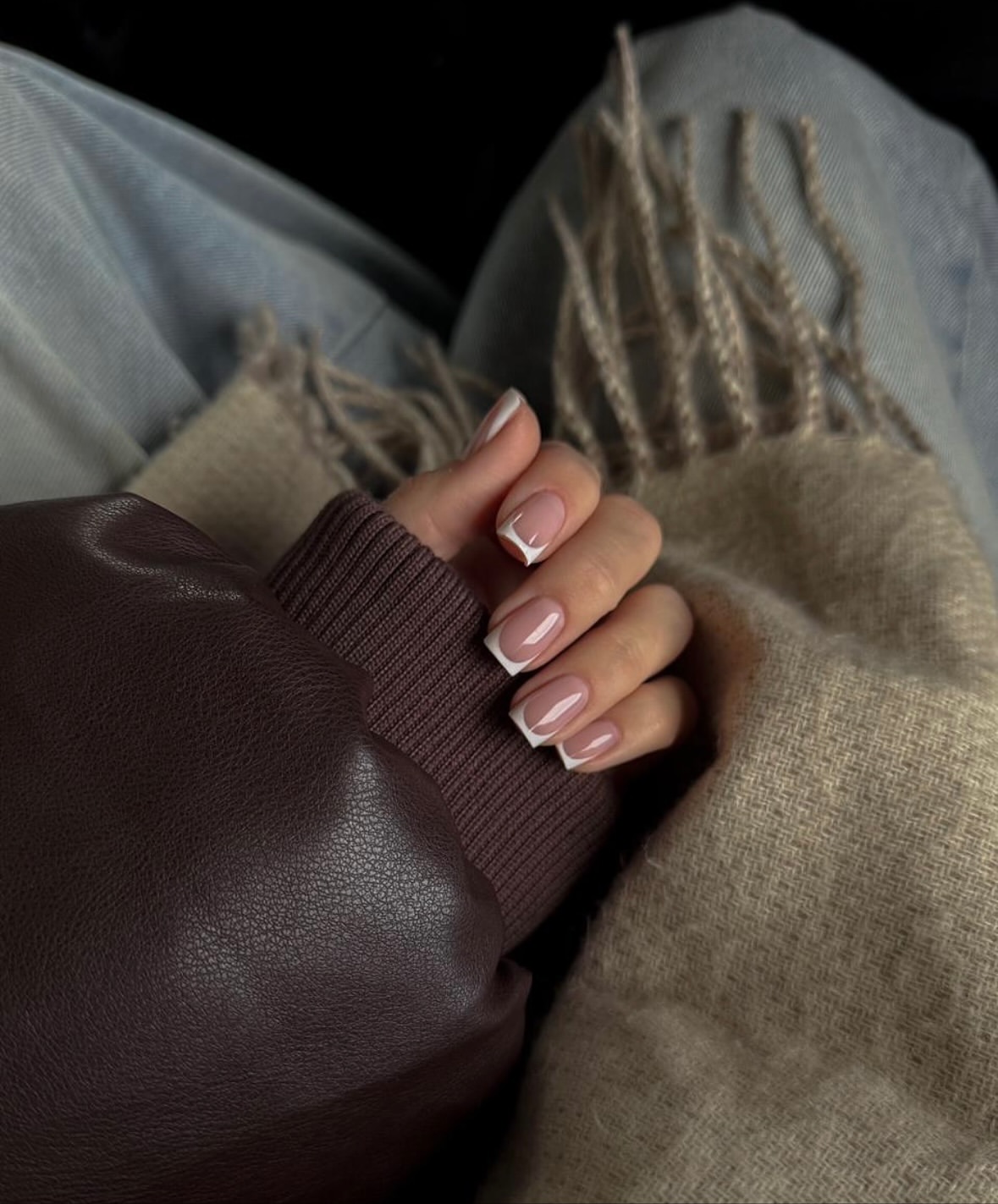 Classic French Tip Almond Nails With Milky Base