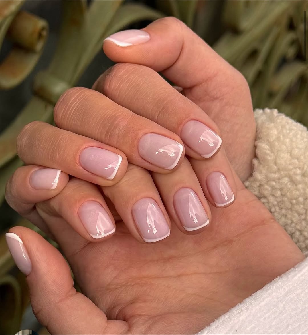 Classic French Tip Milky Pink Short Squoval Nails