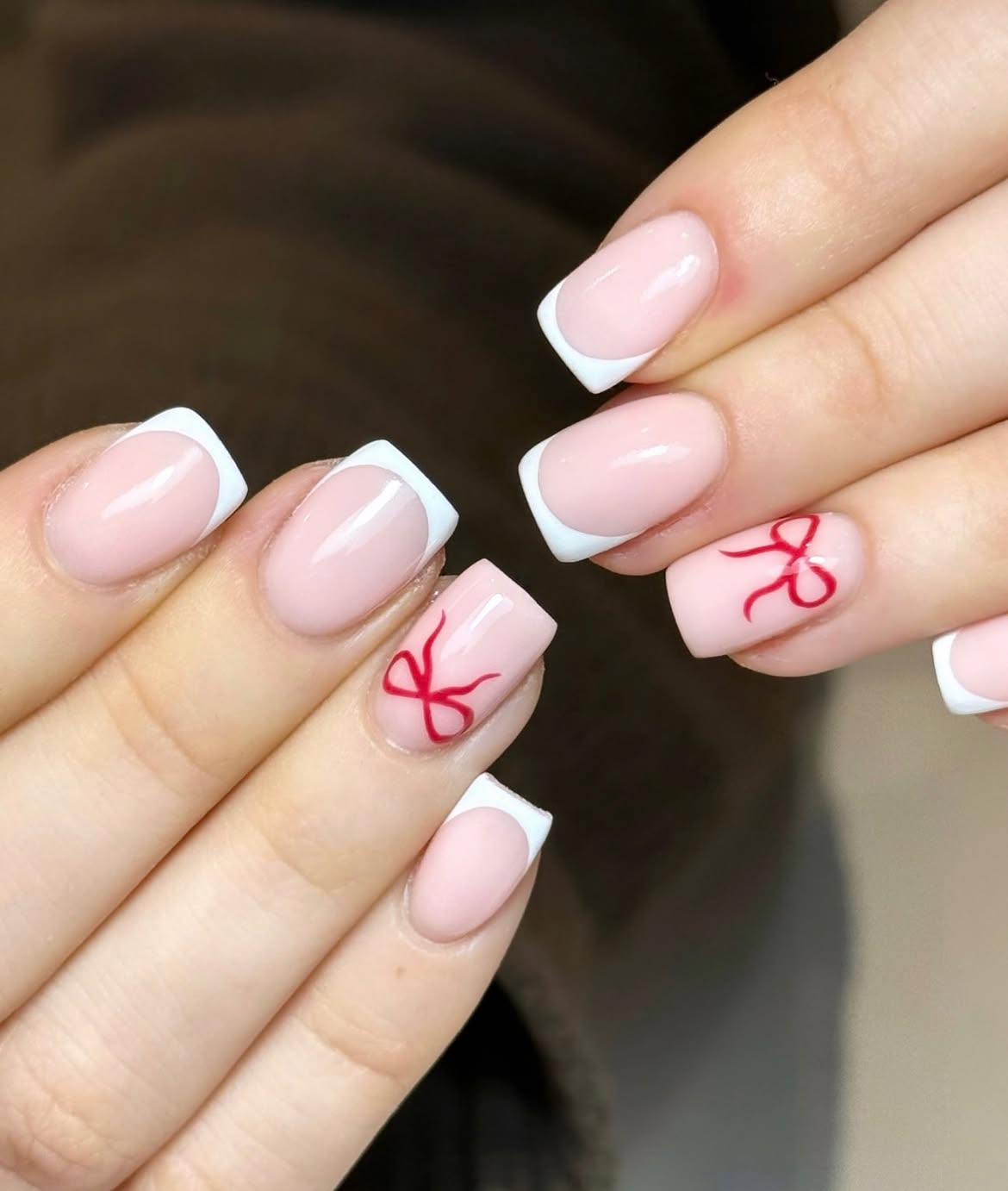 Classic French with Red Bow Accent Nails