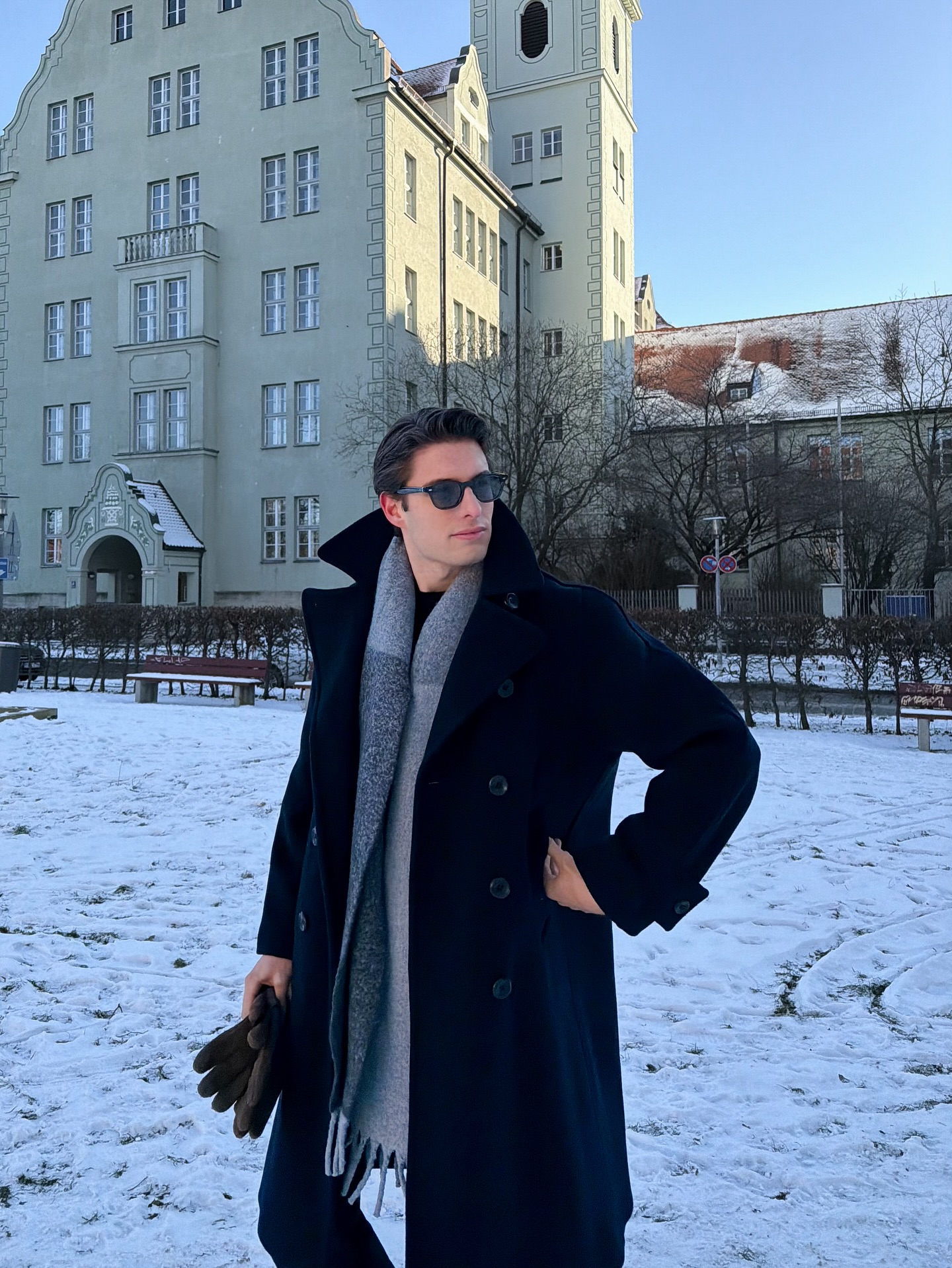 Classic Navy Peacoat With Grey Scarf Winter Style