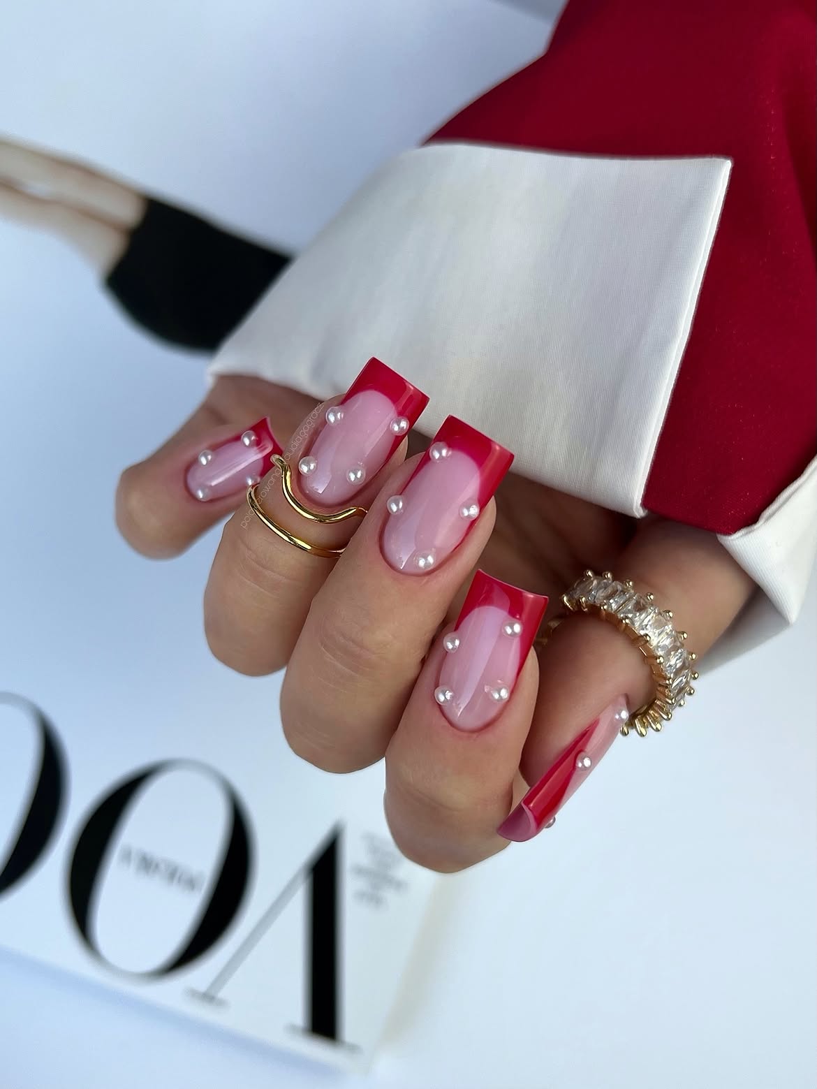 Classic Red French Tips with Pearl Accents