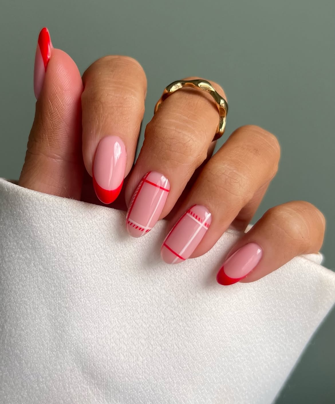 Classic Red French With Plaid Nail Art