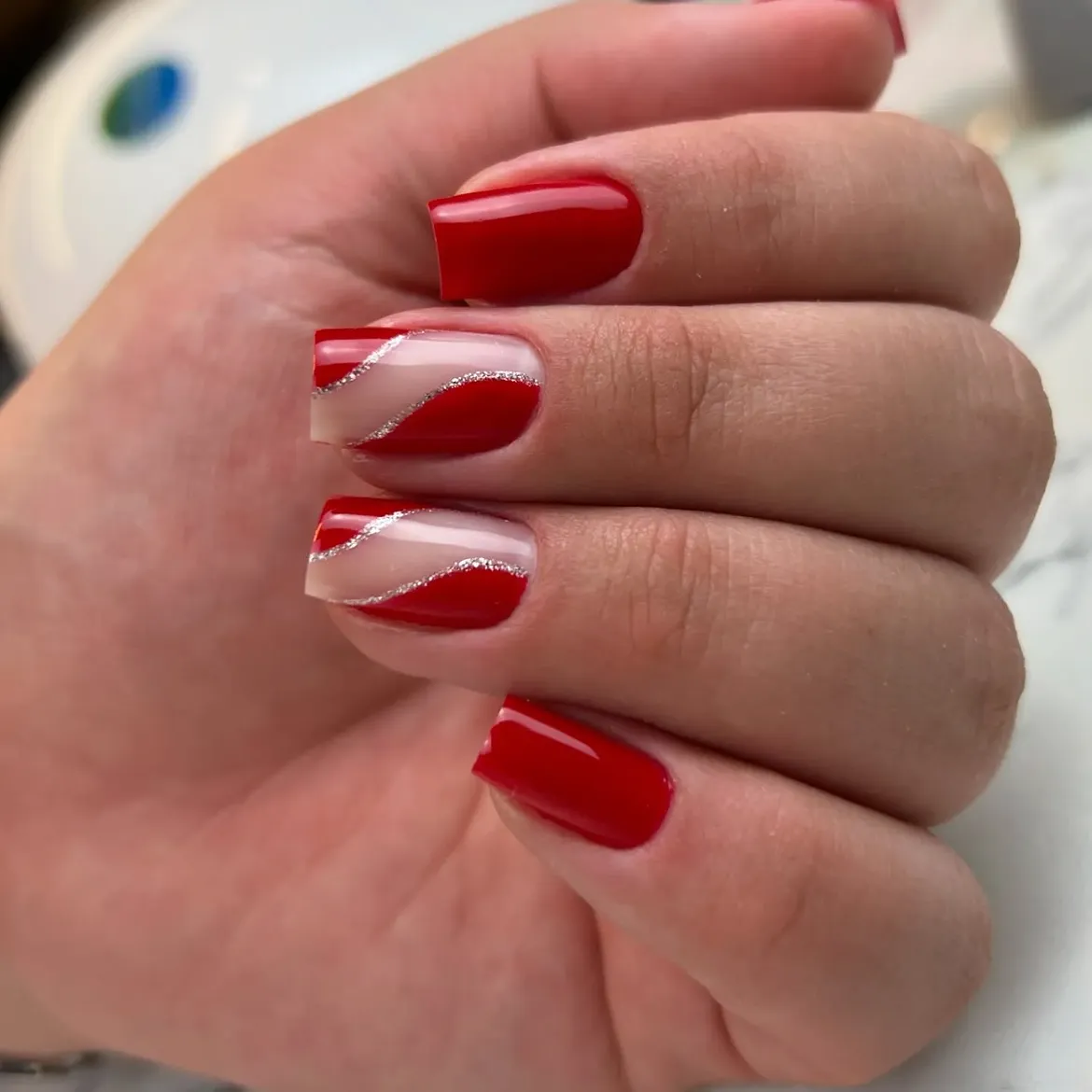 Classic Red Swirl French With Silver Glitter