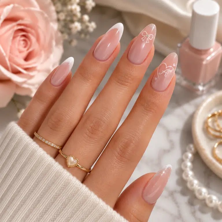French Almond Nails with Bow and Heart Art — Classy Almond Nails