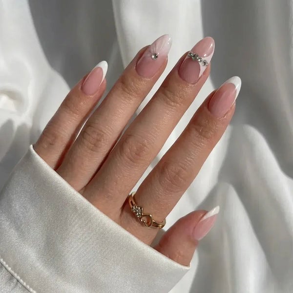 French Almond Nails with Rhinestone and Feather Art — Classy Almond Nails