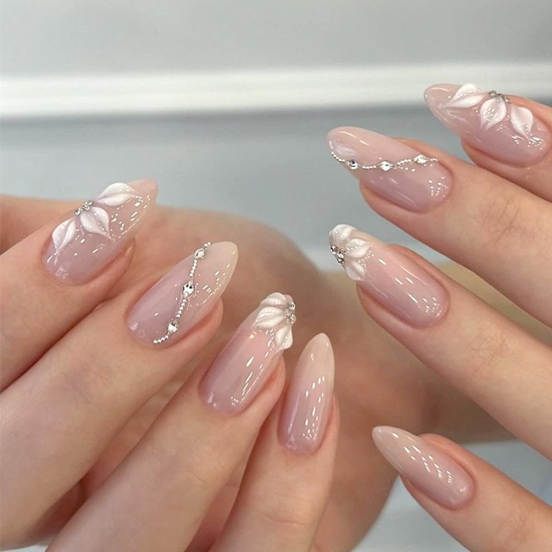 3D Floral Appliqué Almond Nails — Classy Almond Nails