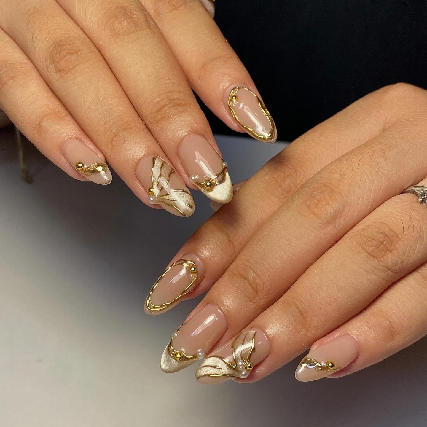 Gold Outline Almond Nails with Pearls — Classy Almond Nails