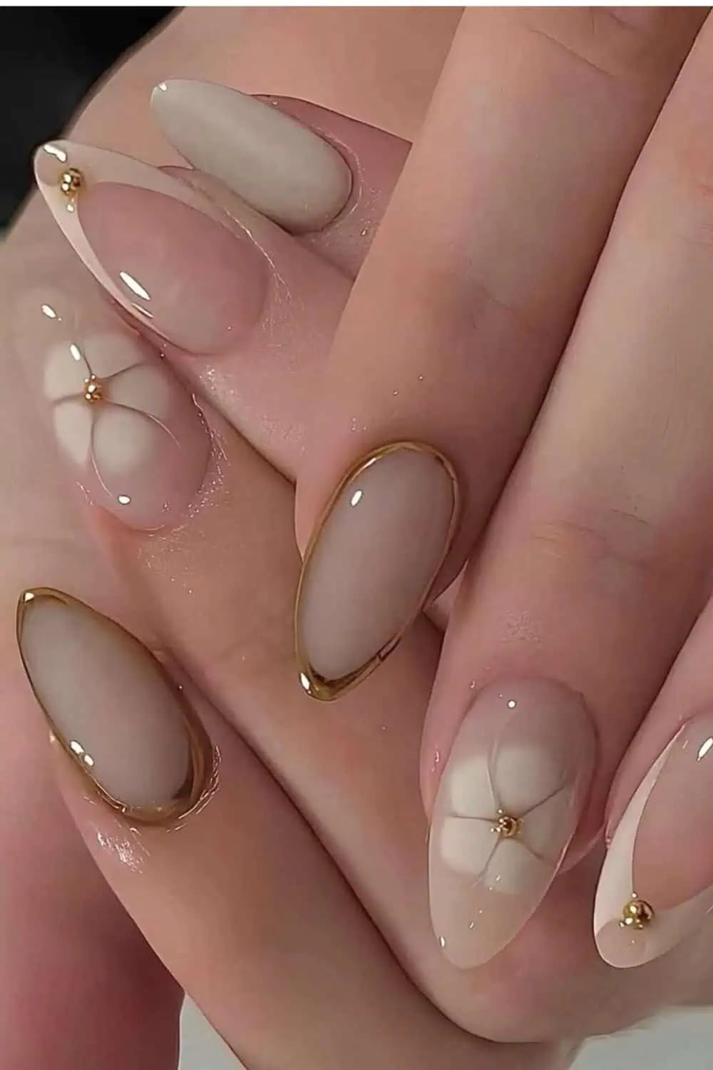 Gold French and 3D Flower Almond Nails — Classy Almond Nails
