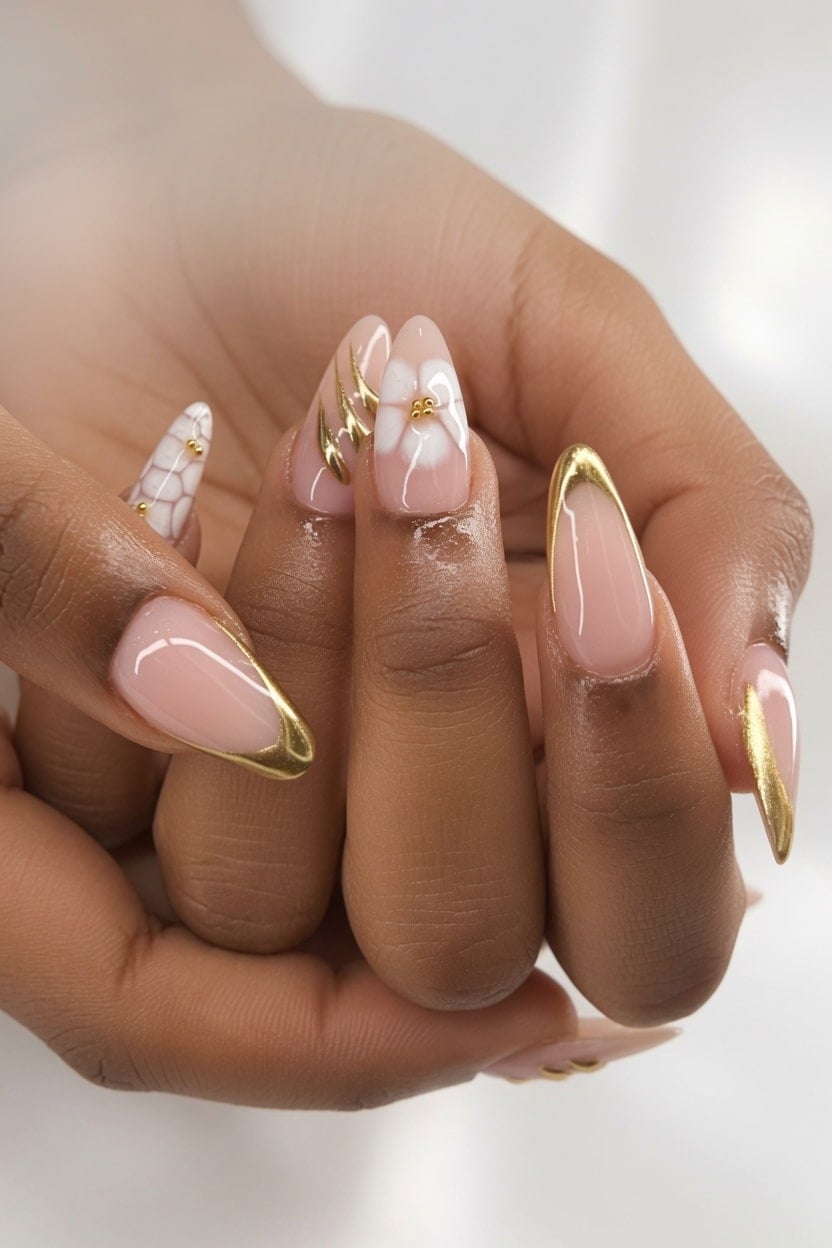 Pink Nude Gold French Almond Nails with 3D Flower — Classy Almond Nails
