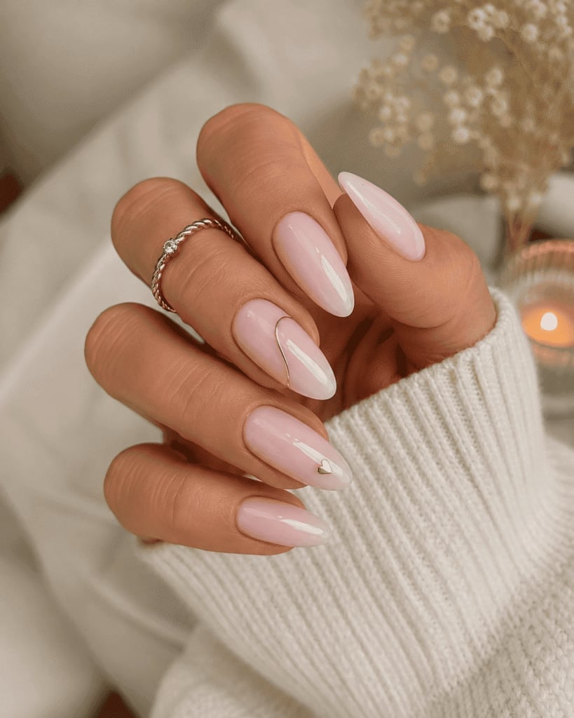 Sheer Pink Gold Line and Heart Almond Nails — Classy Almond Nails