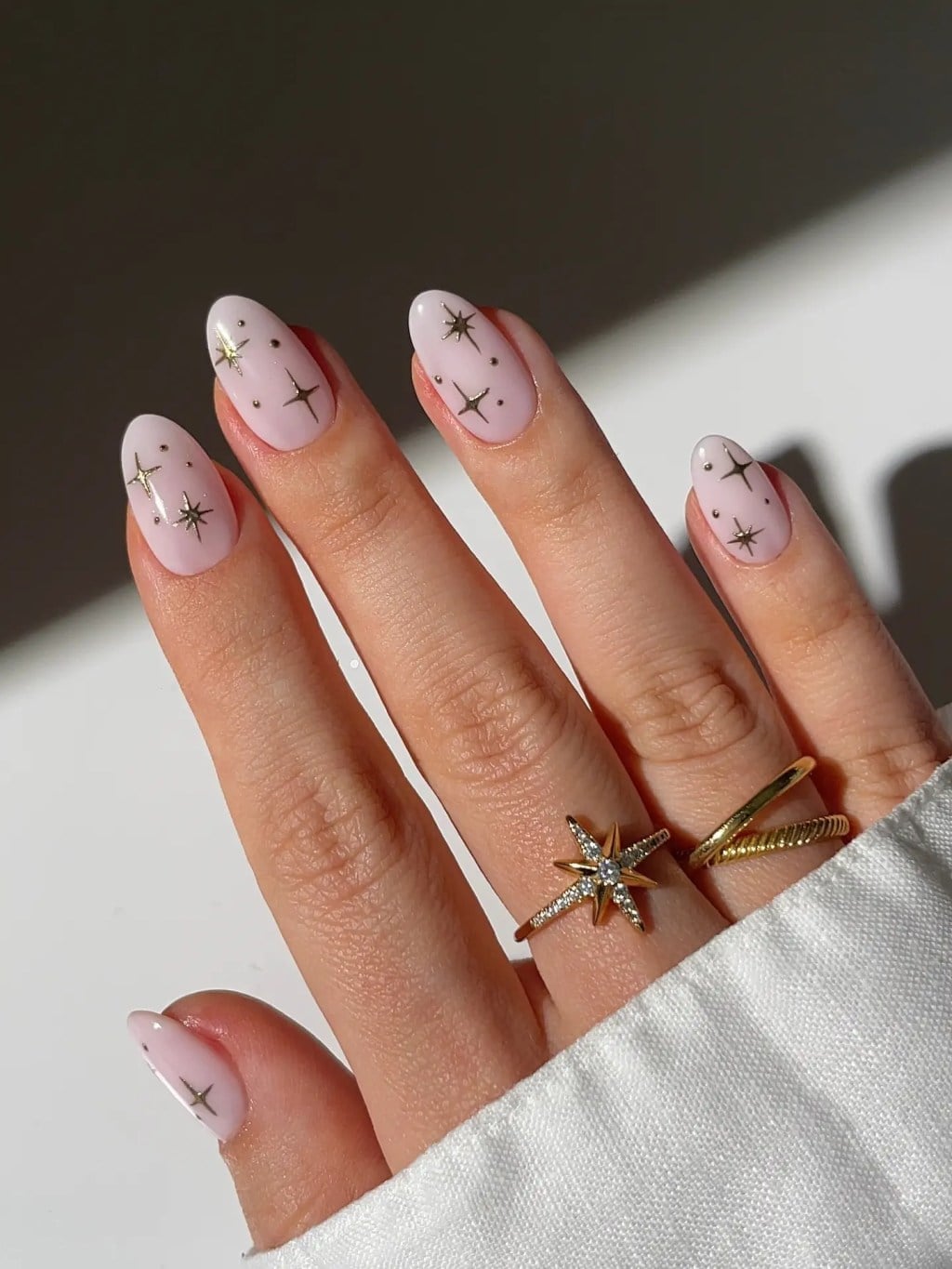 Pale Pink Gold Star and Dot Almond Nails — Classy Almond Nails