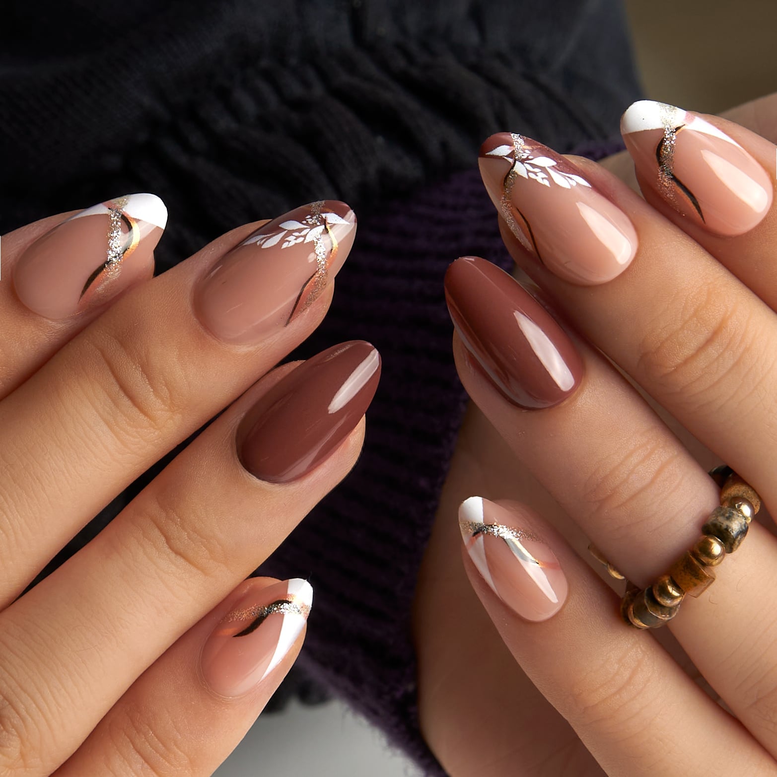 Mixed Design Almond Nails with Leaf Motif — Classy Almond Nails