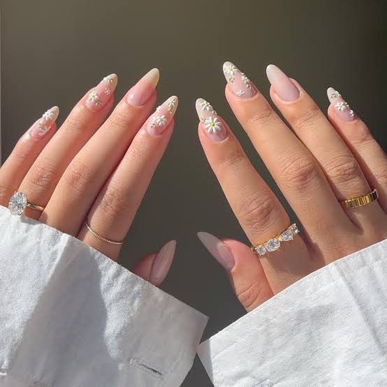 Nude Base Daisy Floral Almond Nails — Classy Almond Nails