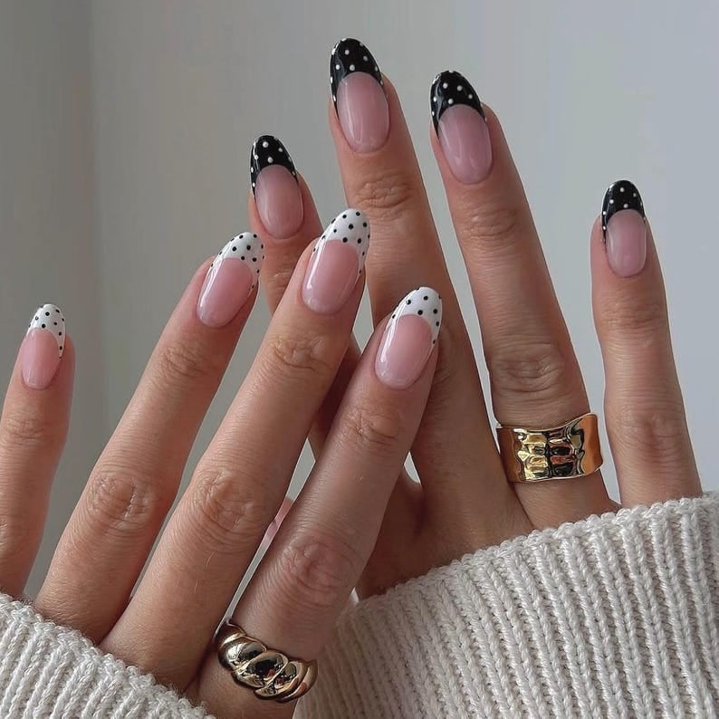 Nude French with Black and White Polka Dots — Classy Almond Nails
