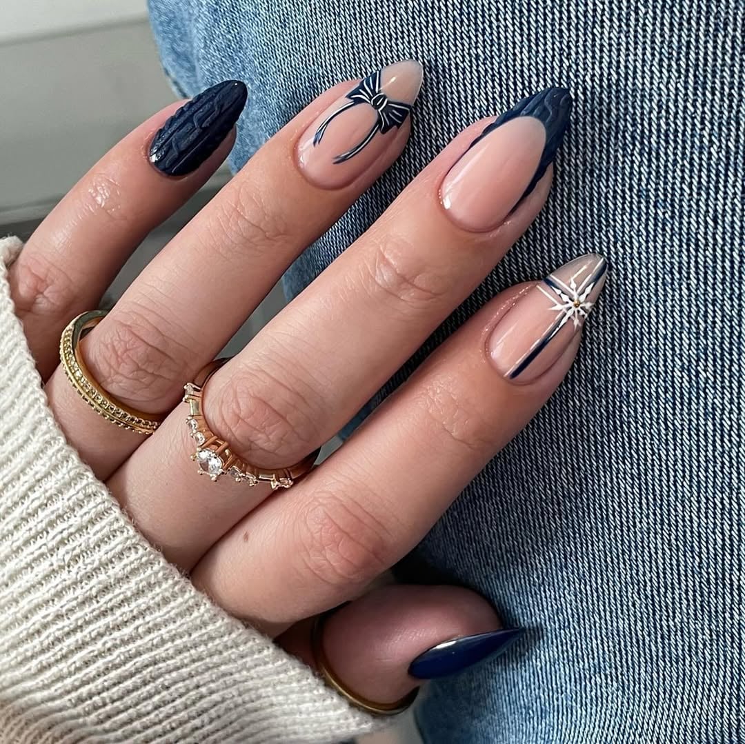 Navy French Almond Nails with Bow and Pattern Art — Classy Almond Nails