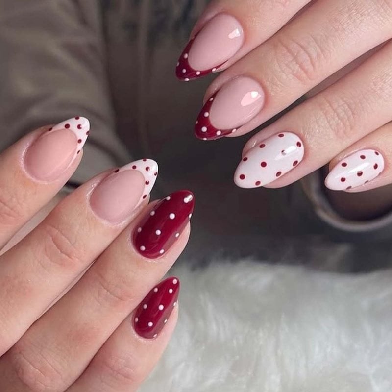 Deep Red and White Polka Dot Almond Nails — Classy Almond Nails
