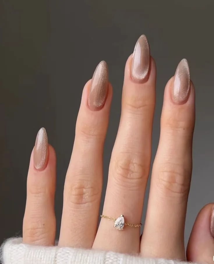 Shimmering Beige Cat-Eye Almond Nails — Classy Almond Nails