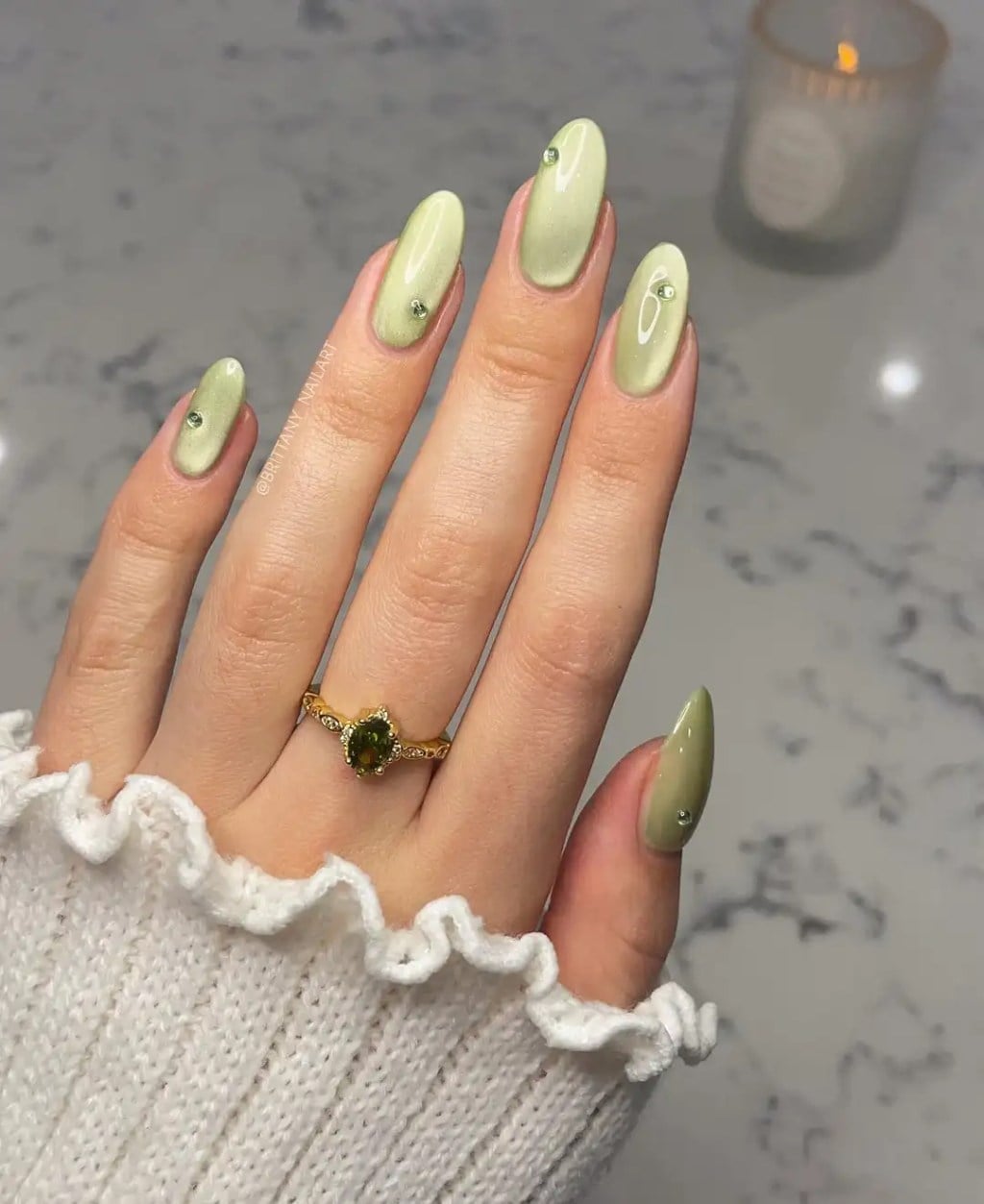 Yellow-Green Satin Shimmer Almond Nails with Rhinestones — Classy Almond Nails
