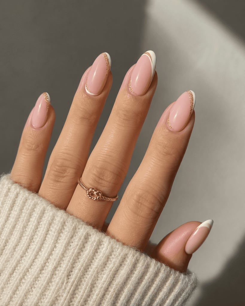 Gold Rimmed White French Almond Nails — Classy Almond Nails