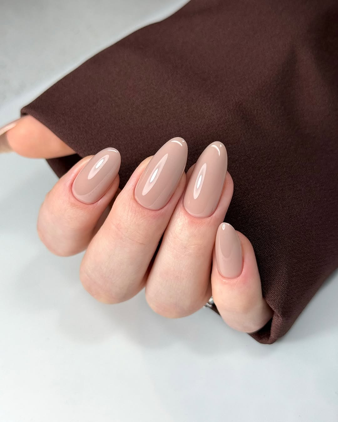 Uniform Nude Beige Glossy Almond Nails — Classy Almond Nails