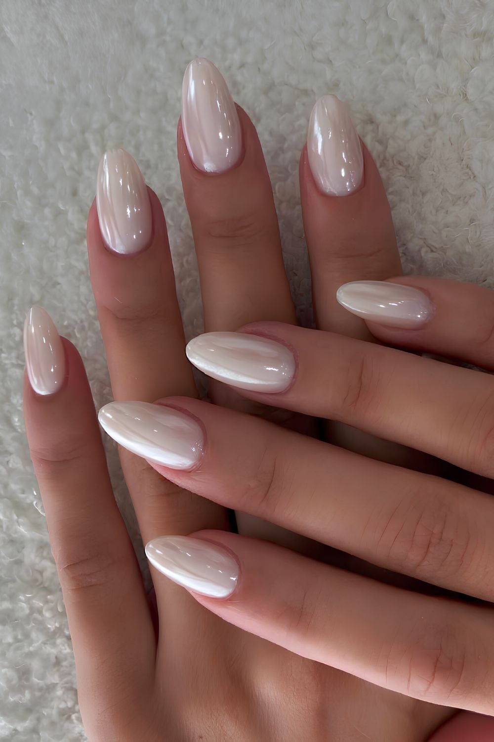 Milky White Shimmer Almond Nails — Classy Almond Nails