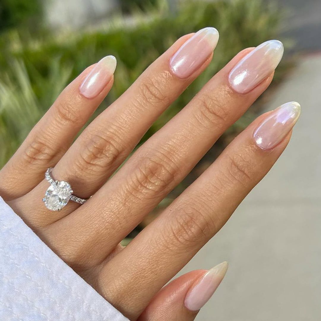 Iridescent Milky Chrome Medium Oval Nails — Classy Nails