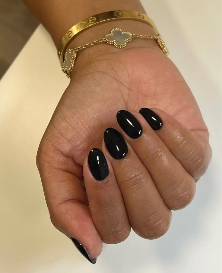 Deep Black Glossy Medium Almond Nails — Classy Nails