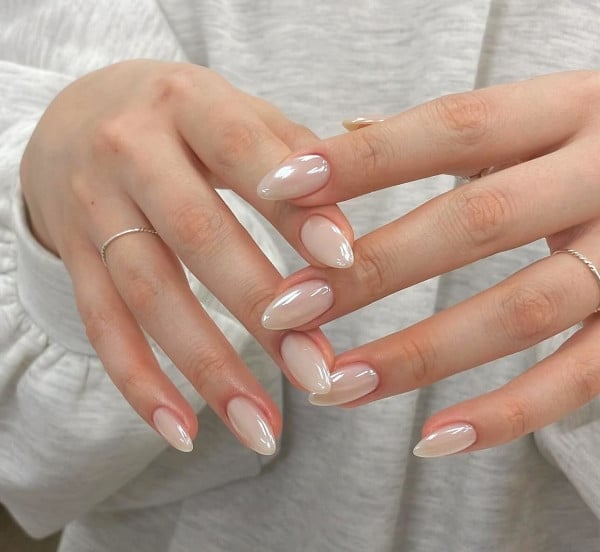 Subtle Shimmer Milky Nude Short Almond Nails — Classy Nails