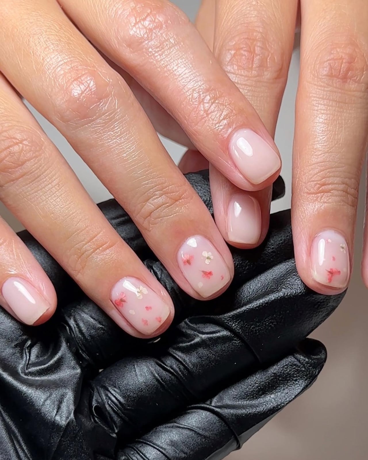 Delicate Floral Sheer Nude Short Square Nails — Classy Nails