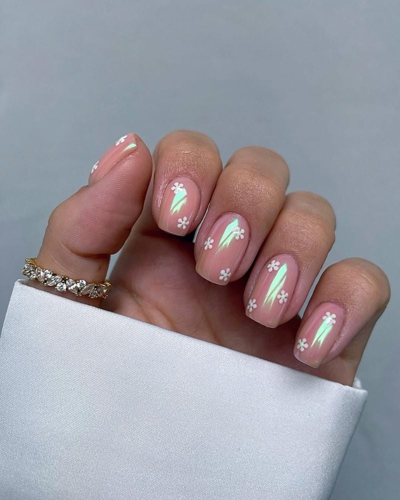 White Flowers Iridescent Shimmer Short Almond Nails — Classy Nails
