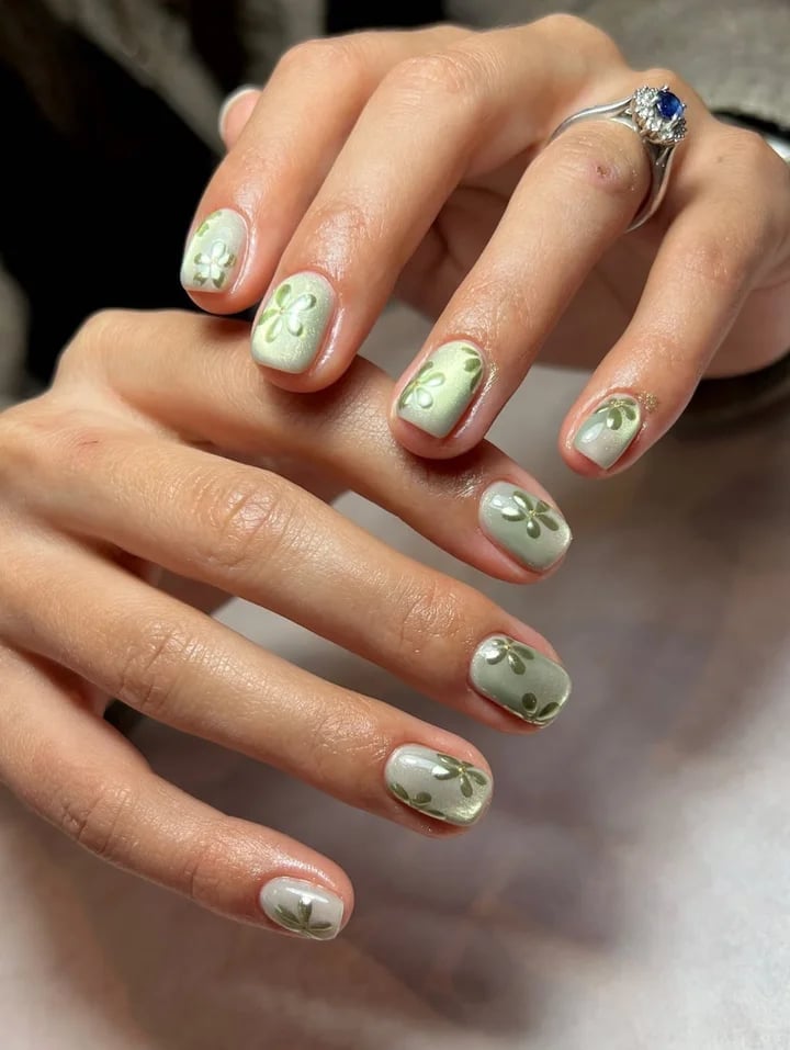3D Gold Floral Pale Green Milky Nails — Classy Nails