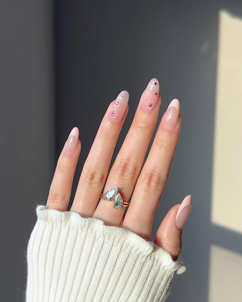 Pink Floral French Spring Almond Nails — Classy Nails
