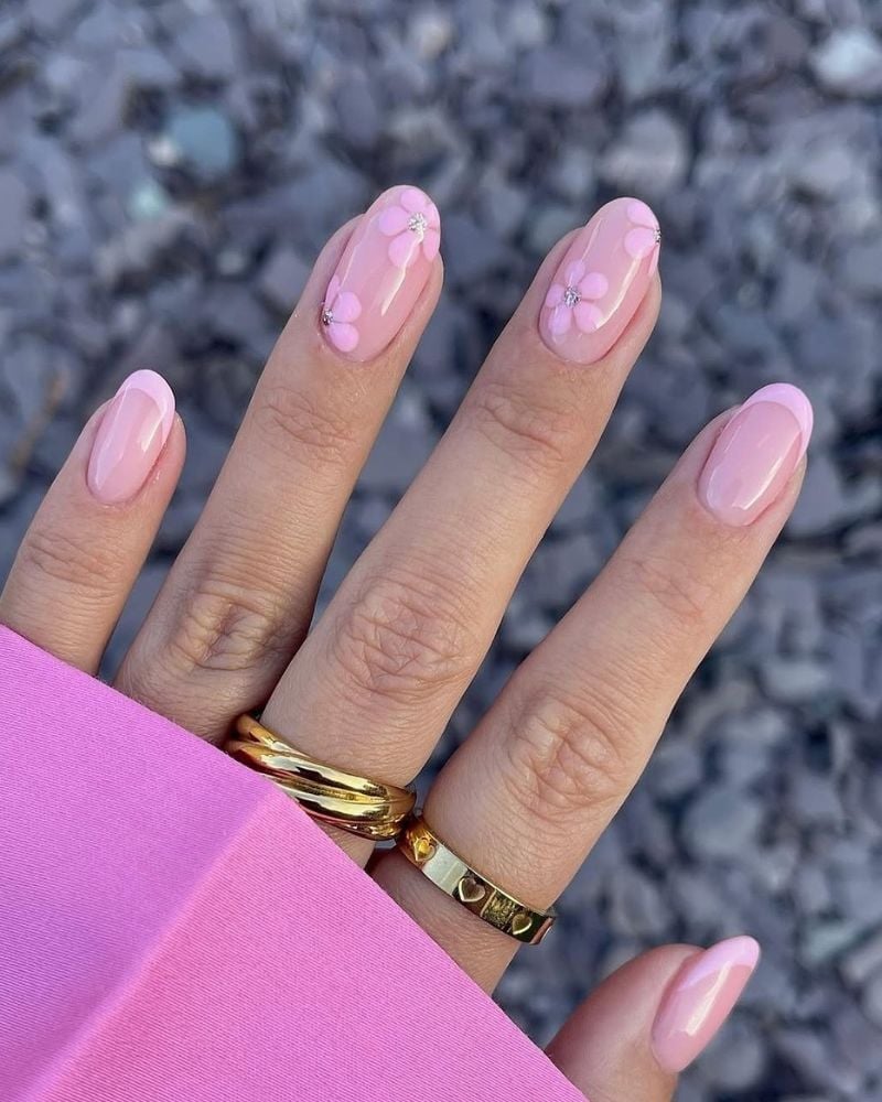 Pink Flower Silver Rhinestone Spring Almond Nails — Classy Nails