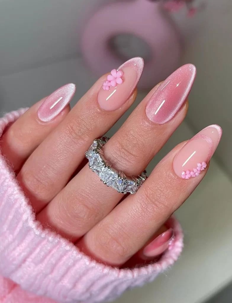 3D Flowers Cat-Eye Pink Almond Nails — Classy Nails