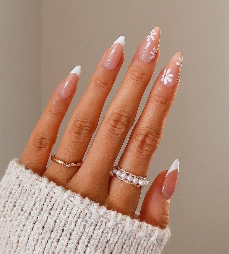 Floral French Classic Long Almond Nails — Classy Nails