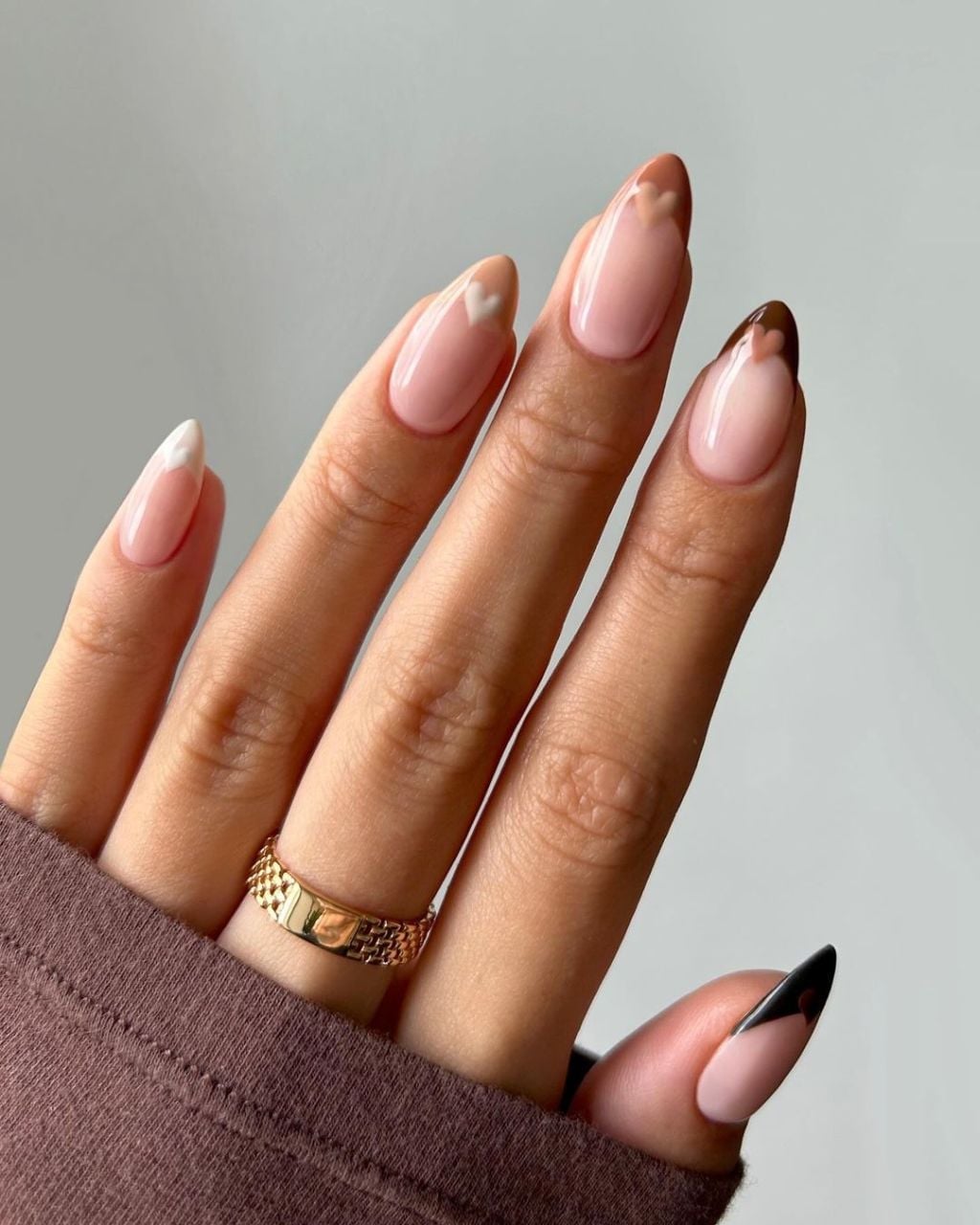 Brown Heart French Tip Almond Nails — Classy Nails