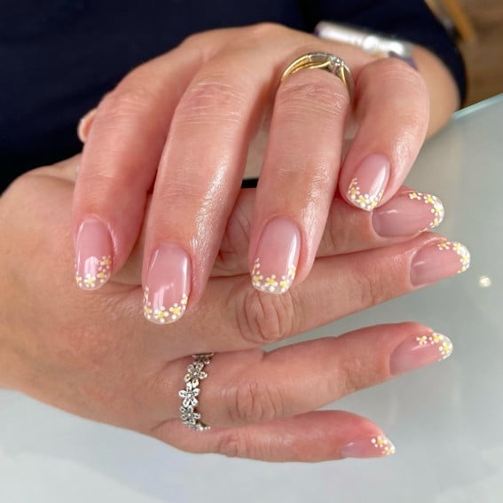 Floral French Tip Medium Square Nails — Classy Nails