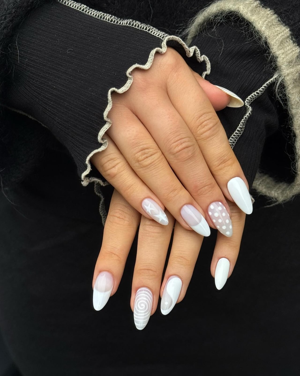 White Geometric Art Medium Almond Nails — Classy Nails