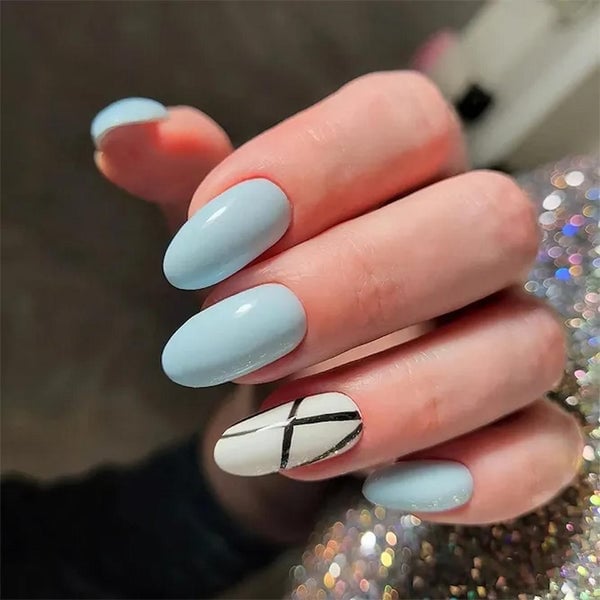 Black Geometric Lines Light Blue Oval Nails — Classy Nails