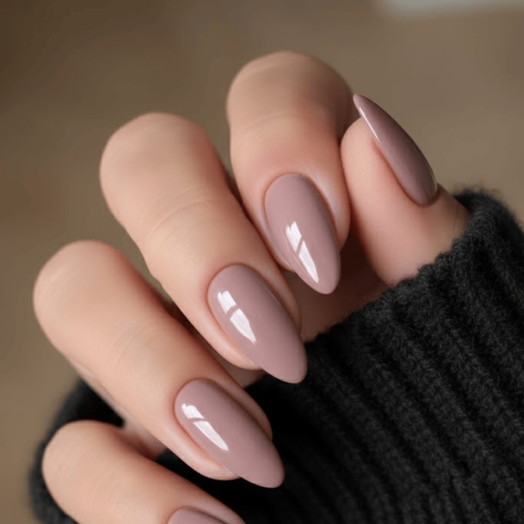 Muted Mauve-Pink Glossy Medium Almond Nails — Classy Nails