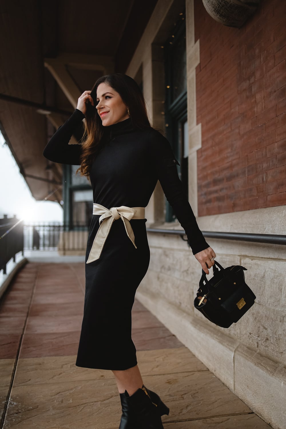 Fitted Black Midi Dress with Oversized Beige Sash — Classy Outfits