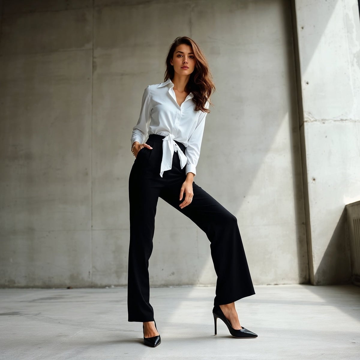White Button-Down Shirt Tied at Waist with Wide Leg Black Trousers — Classy Outfits
