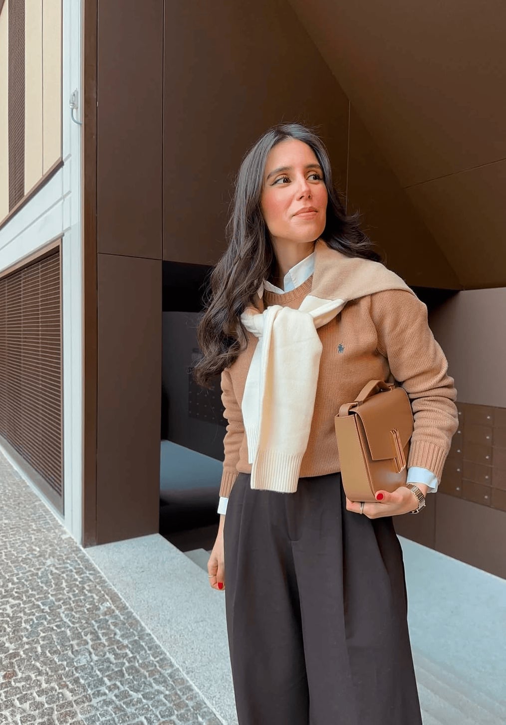 Layered Sweater and Shirt with Cream Scarf and Wide Leg Trousers — Classy Outfits