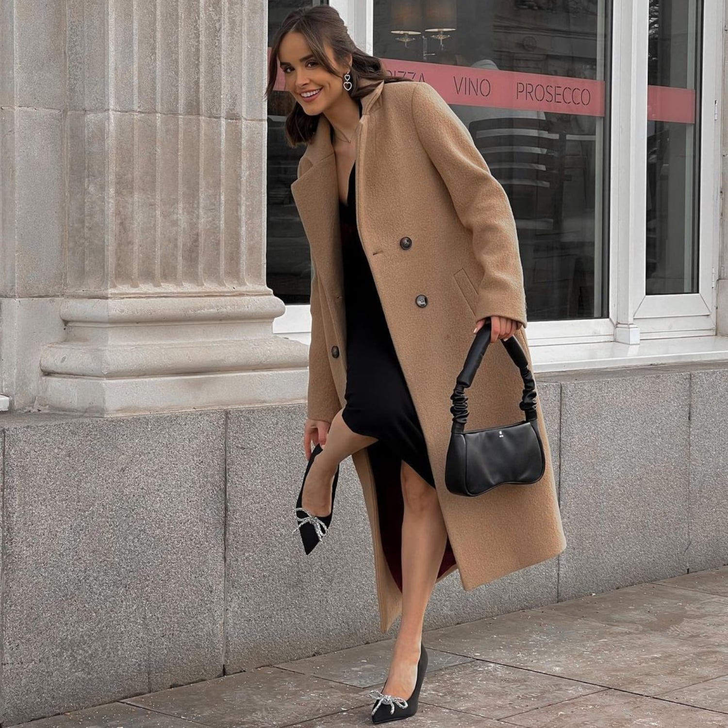 Black Slip Dress with Camel Coat and Bow Heels — Classy Outfits