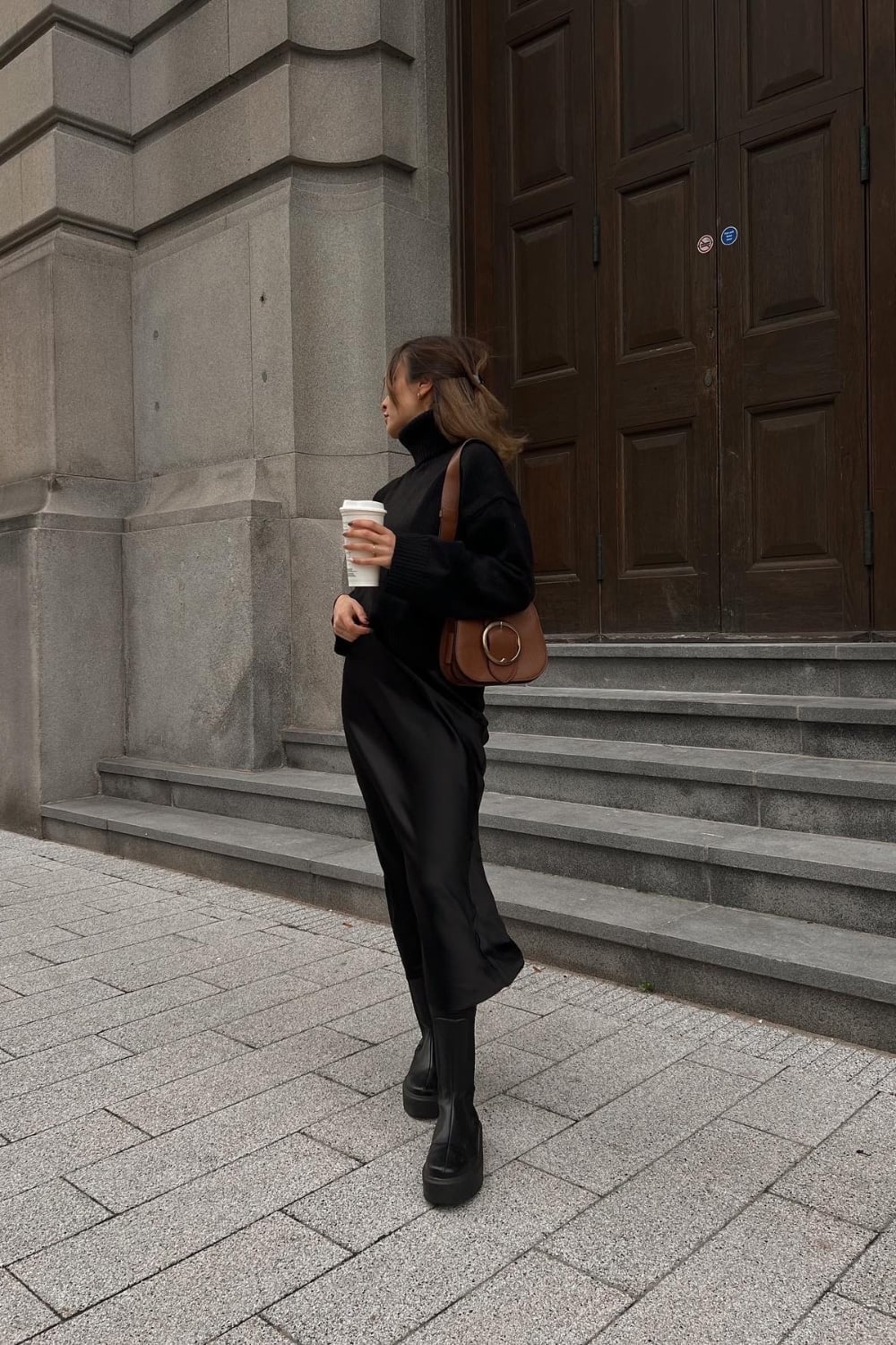 Black Turtleneck Under Satin Slip Dress with Platform Boots — Classy Outfits