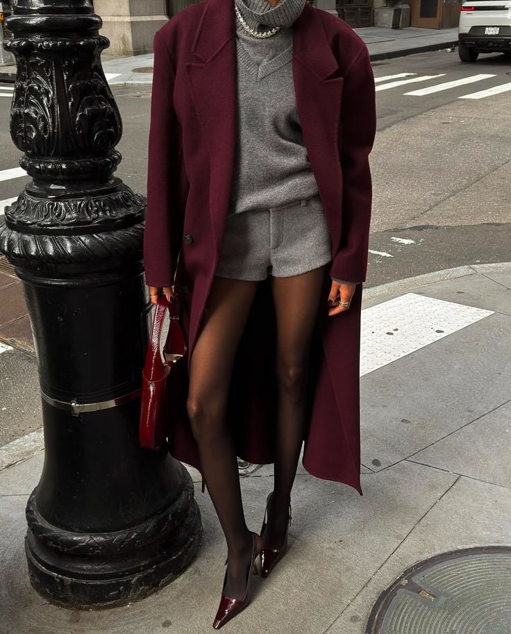 Burgundy Coat Over Gray Sweater and Tailored Shorts — Classy Outfits