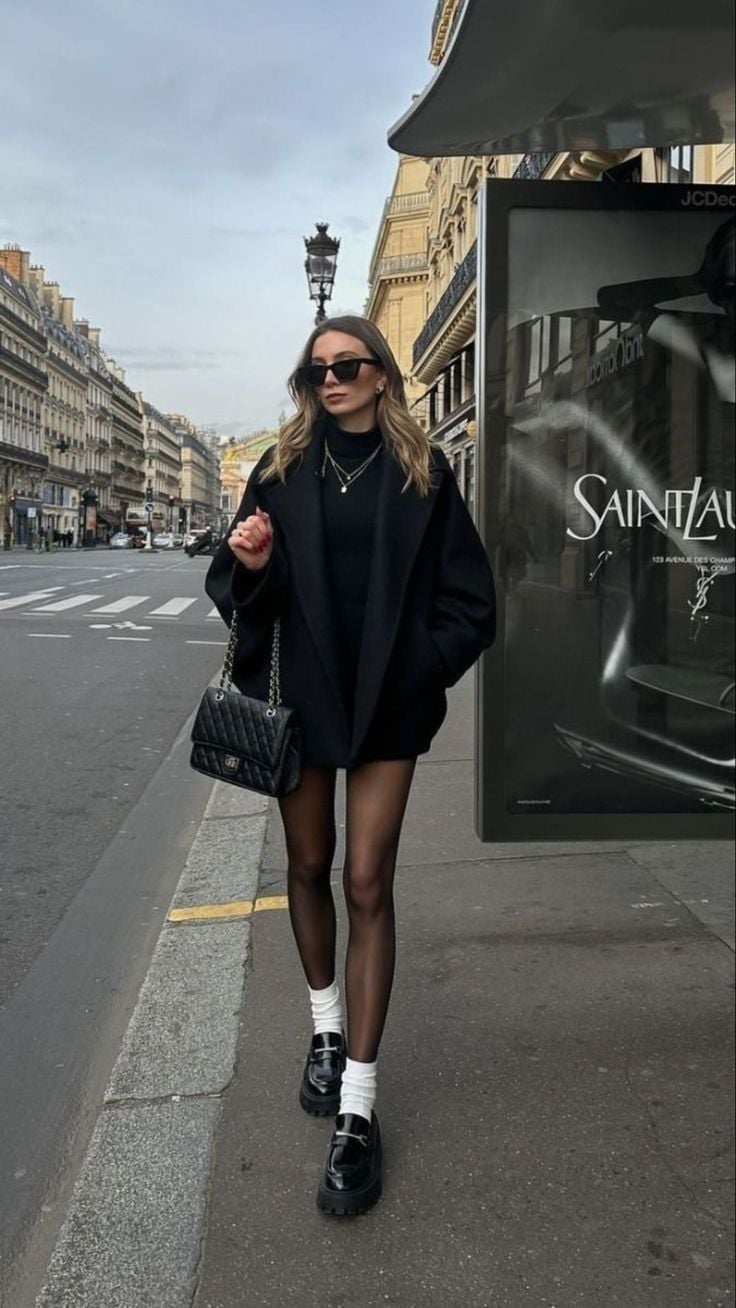 Black Wool Coat Over Turtleneck Dress with Chunky Loafers — Classy Outfits