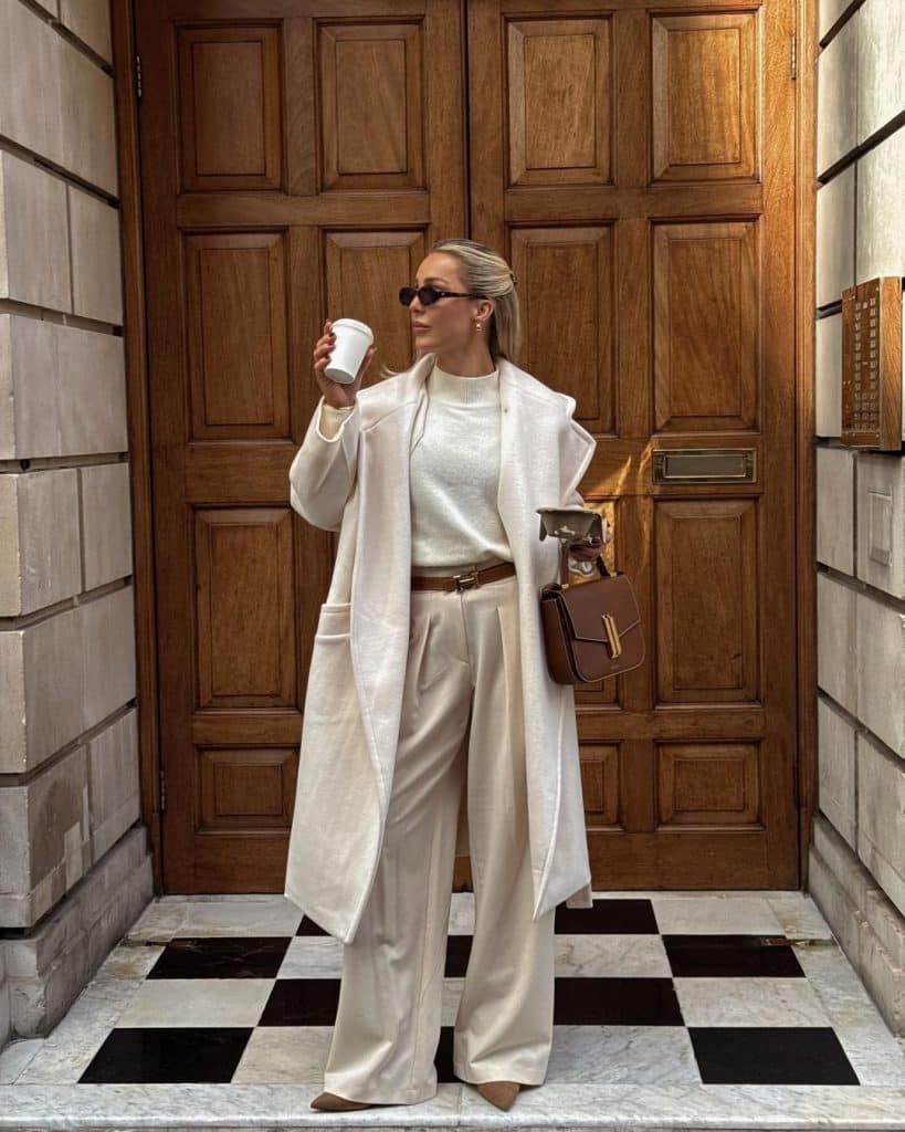 Cream Longline Coat Over High Neck Sweater and Wide Leg Trousers — Classy Outfits