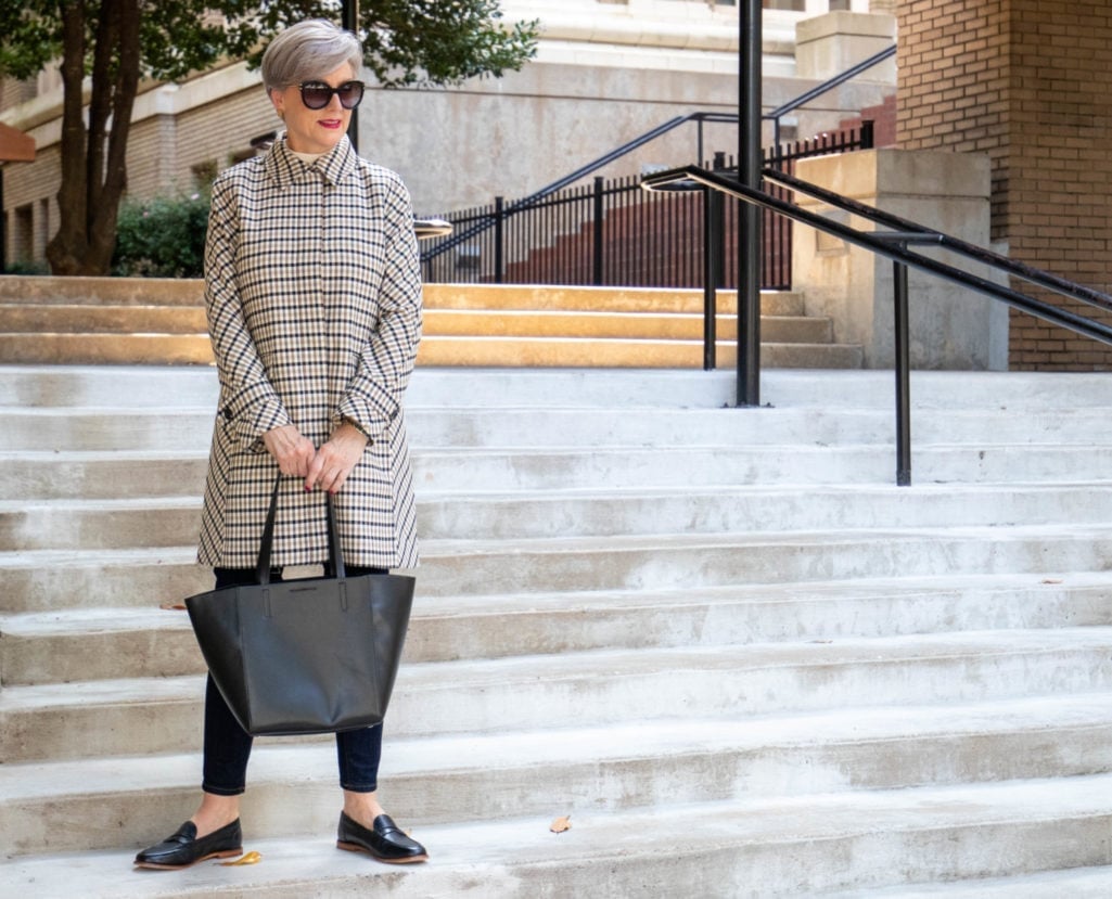 Checked Coat Over Dark Jeans with Black Loafers — Classy Outfits