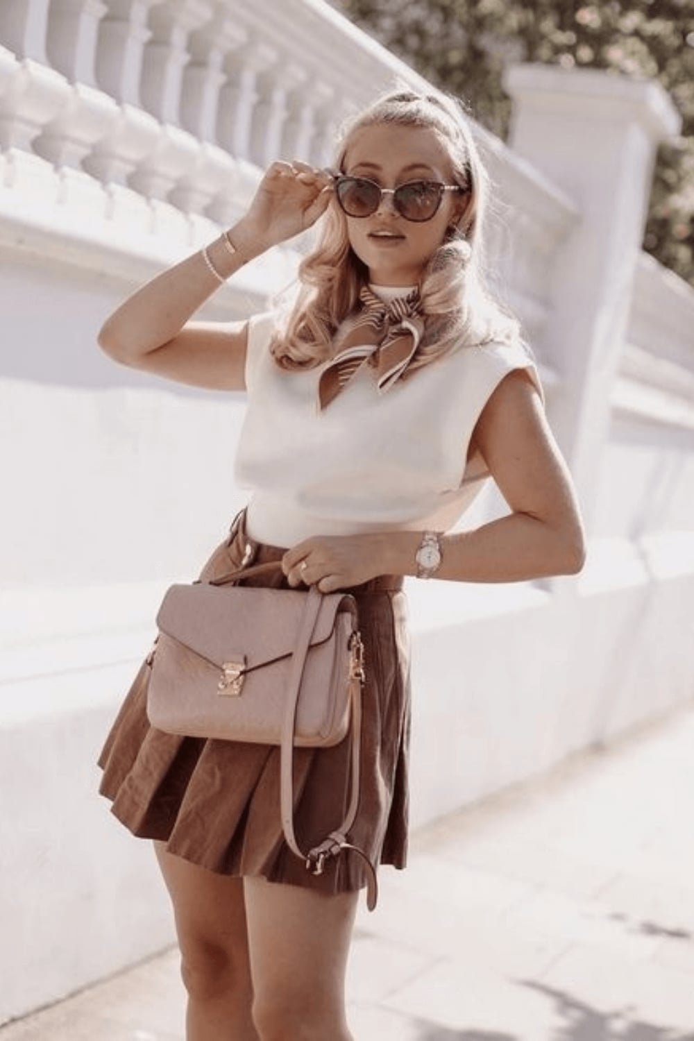 White Sleeveless Top with Brown Pleated Mini Skirt — Classy Outfits
